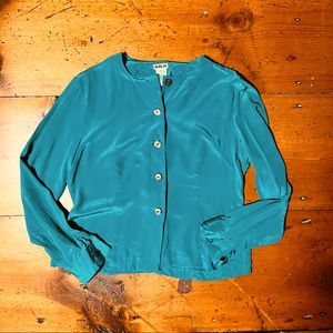 SILX 100% silk blouse button front blouse size M teal green